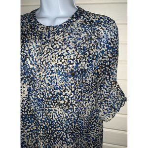 Ann Taylor Sz 2 Silk Stretch Chiffon Blue Black Print Button Up Shirt EUC